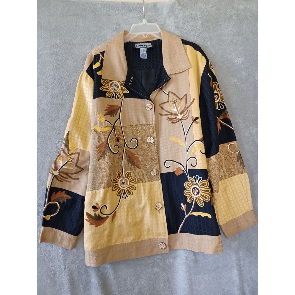 Indigo Moon Jacket 2X Artsy Boho Patchwork Embroidered Black Tan Yellow Floral
